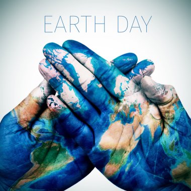 text earth day and man hands patterned with a world map (furnish clipart