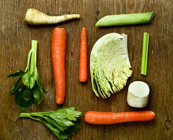 Raw carrots, parsnips, turnips, cabbage and celery — Stock Photo, Image