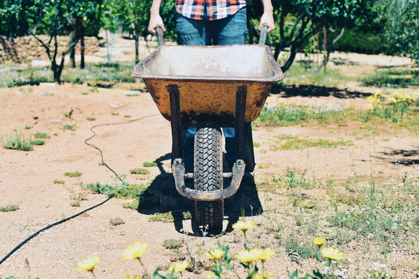 Giovane agricoltore spingendo una carriola — Foto Stock