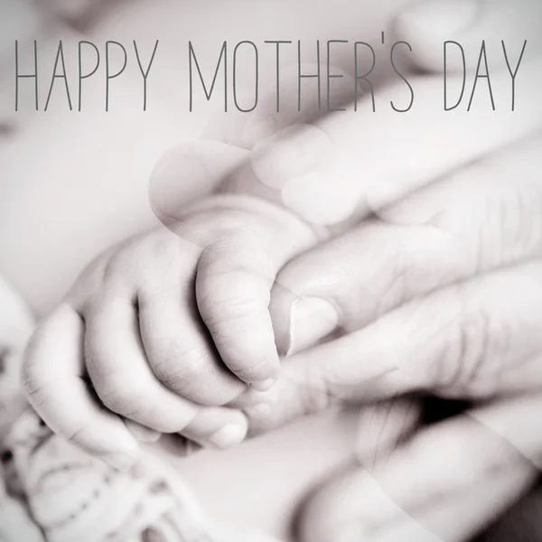 Baby en moeder, en tekst gelukkig Moederdag — Stockfoto