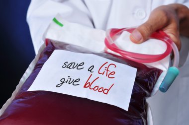 doctor with a blood bag with the text safe a life give blood clipart