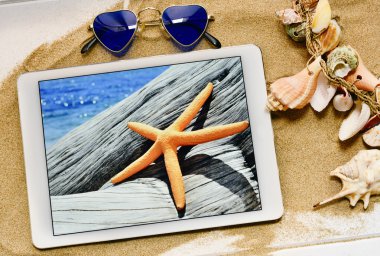 güneş gözlüğü, bir tablet ve deniz kabuğu denizyıldızı