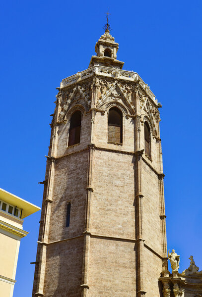 A view of the Micalet, the bell tower of the Cathedral of Valencia, in Valencia, Spain
