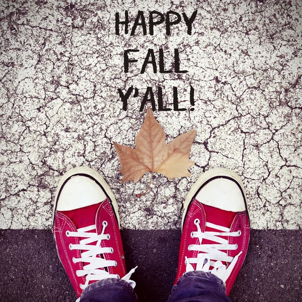 Feet, dry leaf and text happy fall yall — Stock Photo, Image