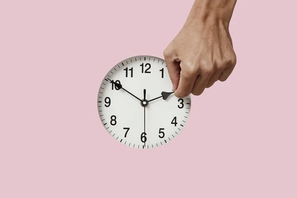 Closeup Hand Young Caucasian Man Setting Clock Backward Forward End — Stock Photo, Image