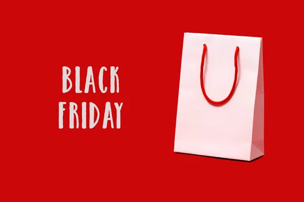 White Paper Shopping Bag Red Handles Text Black Friday White — Stock Photo, Image