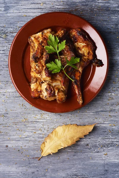 Ansicht Einer Steingutplatte Mit Einigen Stücken Hasenbraten Wie Sie Spanien — Stockfoto