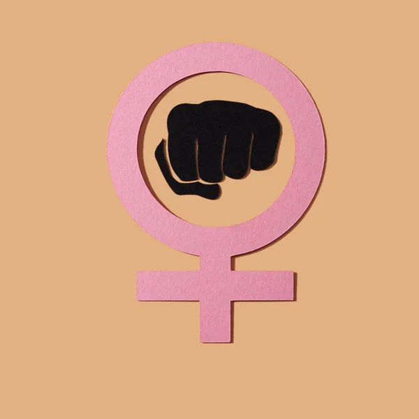 the women power symbol, a raised fist in a female gender symbol, made with cutouts of paper of different colors on a salmon pink background