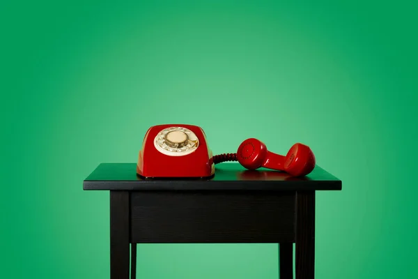 Red Landline Rotary Dial Telephone Its Handset Hook Black Wooden — Stock Photo, Image