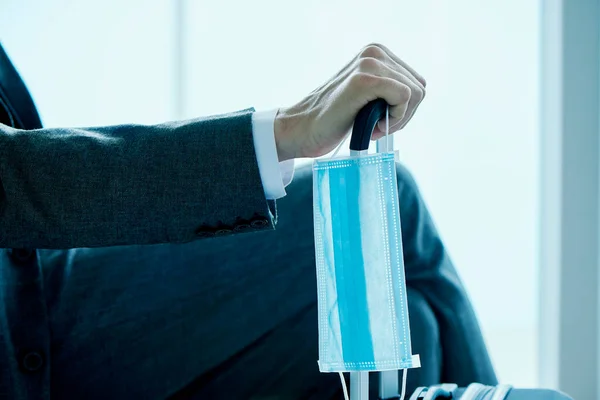 Closeup Businessman Wearing Gray Suit Sitting Waiting Hall Airport Train — Stock Photo, Image