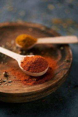 Ahşap bir kaşık dolusu kırmızı köri tozu, tahtadan bir tabakta, başka bir tahta kaşık dolusu köri tozu, koyu bir taş yüzeye yerleştirilmiş.