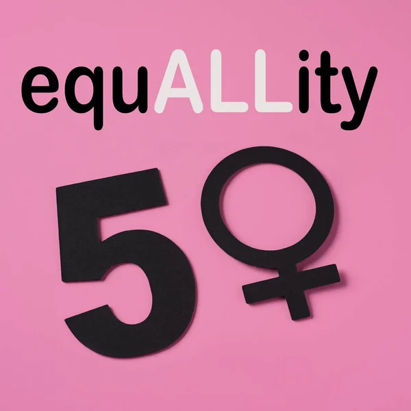 the word equality written as equallity, claiming the equality for all, and the number 50 where the zero is a female gender symbol, depicting the fact that women are the fifty percent of the people