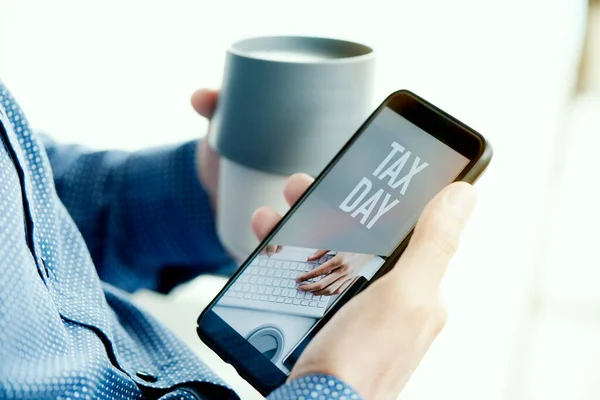 Closeup Young Caucasian Man Wearing Blue Shirt Having His Smartphone — Stock Photo, Image