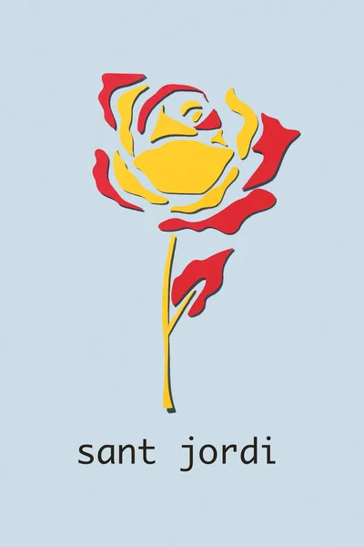 蓝色背景的红黄相间的纸片做成的玫瑰 以及加泰罗尼亚语 圣乔治日 的代名词 圣乔治日 在加泰罗尼亚有送玫瑰的传统 — 图库照片
