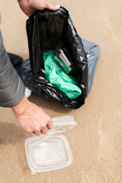 Closeup Young Caucasian Man Collecting Some Waste Plastic Containers Cans — 스톡 사진