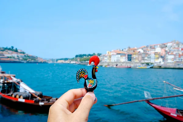 Closeup Young Caucasian Man Holding Traditional Rooster Barcelos Emblem Portugal — Stock Photo, Image