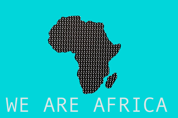 the silhouette of africa cut out from a patterned paper, and the text we are africa on a blue background