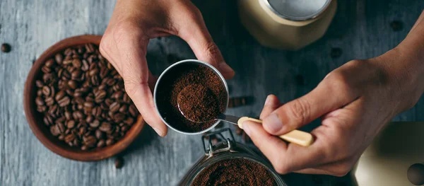 High Angle View Young Caucasian Man Filling Funnel Moka Pot — Stock Photo, Image