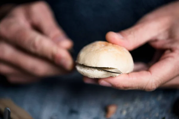 Closeup Young Caucasian Man Cutting Mini Bread Bun Prepare Mini — Stock Photo, Image