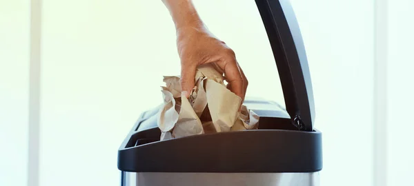 Young Man Throwing Ball Paper Paper Cardboard Compartment Home Recycling — Stock Photo, Image