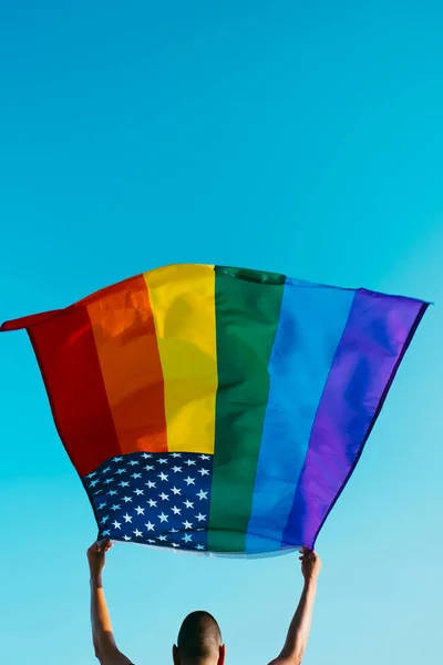 Closeup Young Man Seen Waving Rainbow Flag Blue Sky Some — 스톡 사진