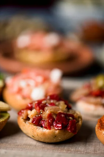 Closeup Some Different Vegan Sandwiches Different Toppings Catalan Escalivada Side — Stock Photo, Image