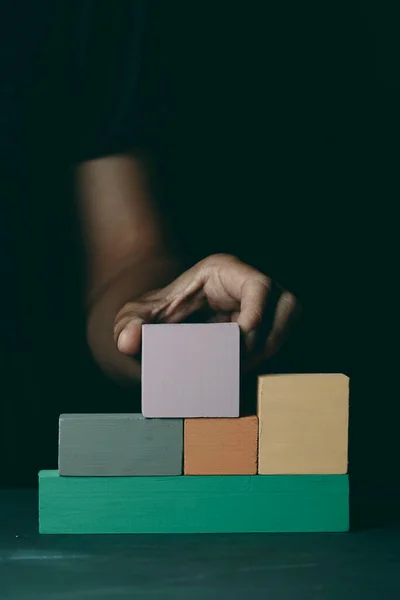 Closeup Caucasian Man Building Structure Some Wooden Toy Blocks Different — Stock Photo, Image