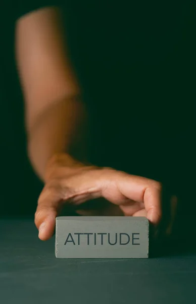 Caucasian Man Shows Gray Building Block Text Attitude Written Dark — Stock Photo, Image