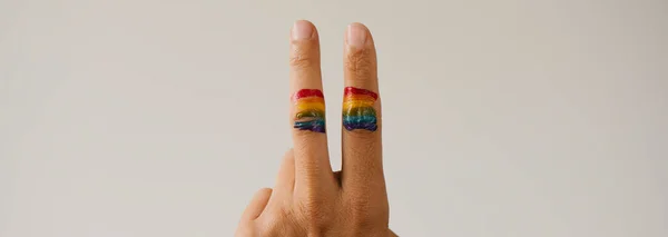 在做V字形标志的年轻人的手指上的彩虹旗 相对于带有一些空白空间的白色背景 全景格式可用作网页横幅或标题 — 图库照片