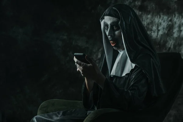 Scary Evil Nun Typical Black White Habit Bloody Teeth Using — Stock Photo, Image