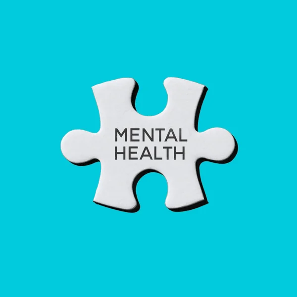 Text Duševní Zdraví Napsaný Bílém Puzzle Kousek Modrém Pozadí — Stock fotografie