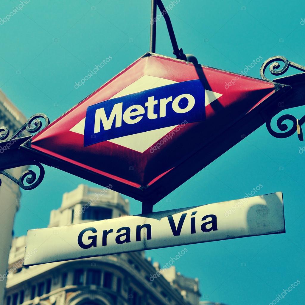 Detail of the sign of Gran Via metro station in Madrid, Spain, with a retro effect