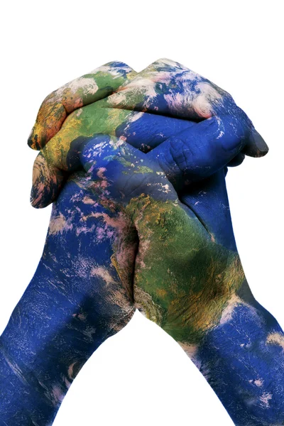 Мир в ваших руках (карта Земли предоставлена НАСА) ) — стоковое фото