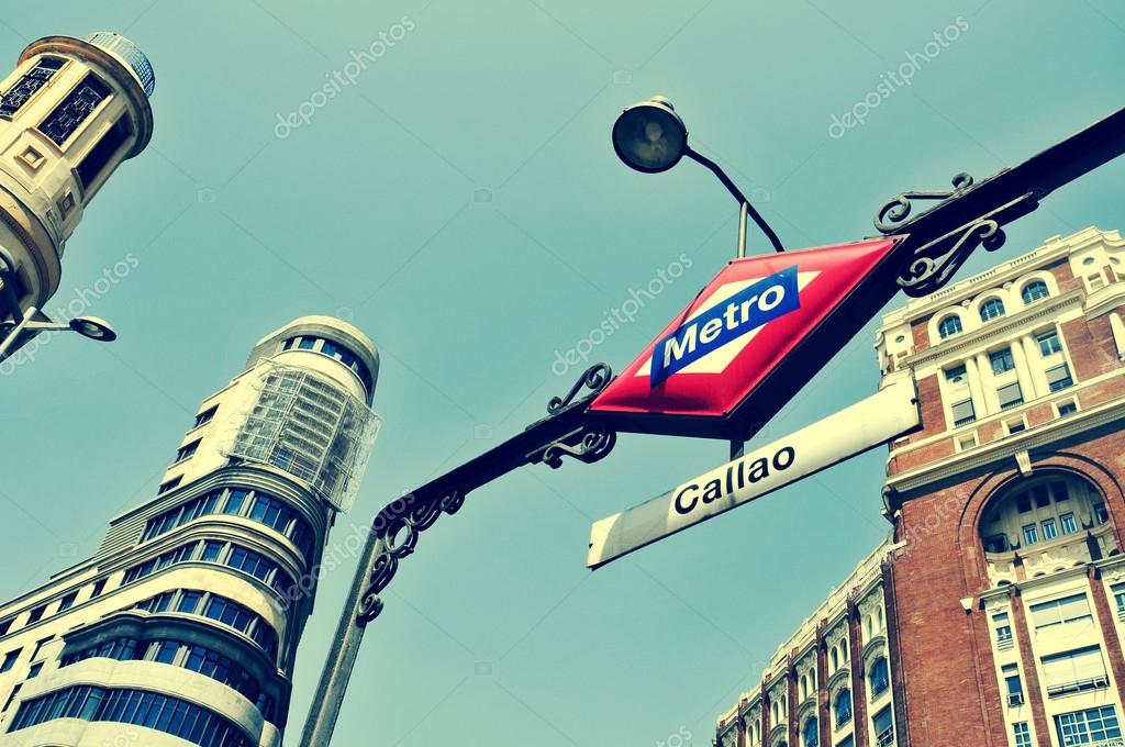Detail of the sign of Callao metro station in Madrid, Spain, with a retro effect