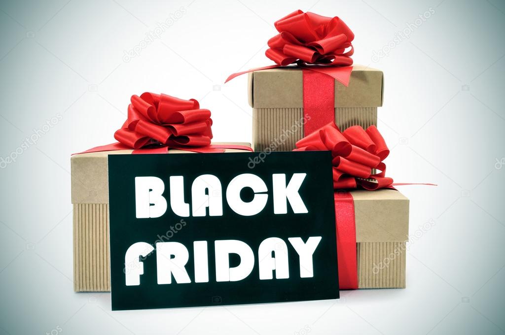 gifts and a signboard with the text black friday
