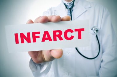 doctor with a signboard with the word infarct clipart