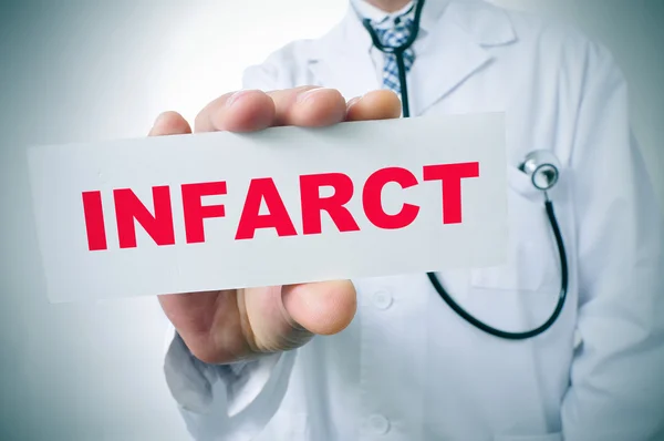 Doctor with a signboard with the word infarct — Stock Photo, Image