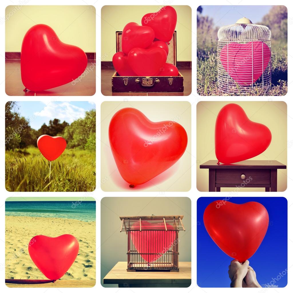 Collage of pictures of heart-shaped balloons