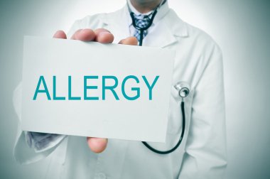 doctor showing a signboard with the word allergy clipart
