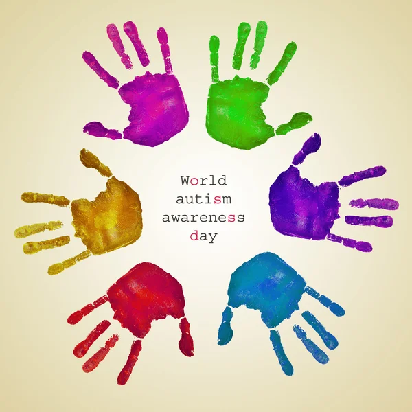 Handprints różnych kolorów i tekst świat autyzmu świadomości d — Zdjęcie stockowe