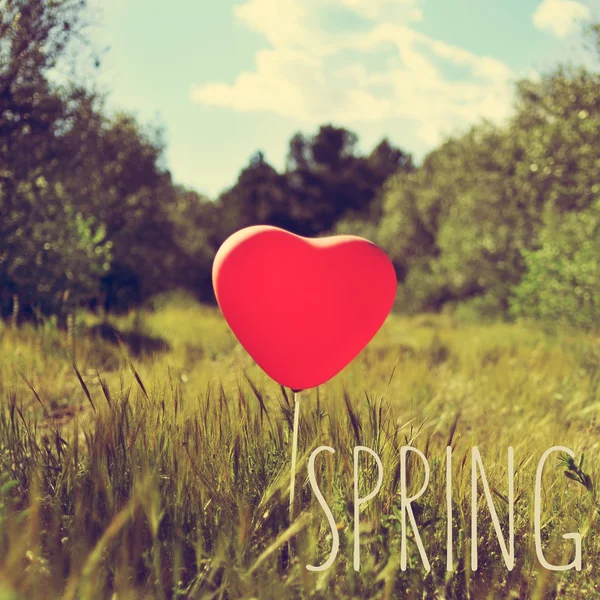 Word spring and heart-shaped balloon in a country landscape — Stock Photo, Image