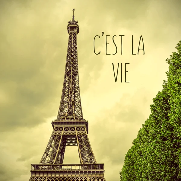 Torre Eiffel e cest texto la vie, que é a vida — Fotografia de Stock