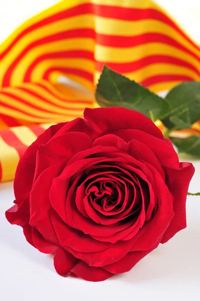 Libro, rosa roja y bandera catalana de Sant Jordi, San Jorge — Foto de Stock