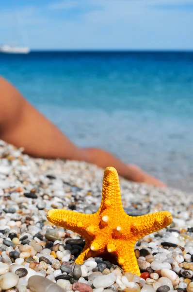 Joven y estrella de mar en la playa — Foto de Stock