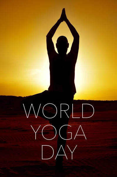 Text world yoga day and yogi man doing the yoga tree pose — Stock Photo, Image