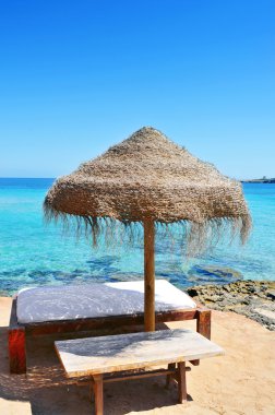 sunlounger ve şemsiye Ibiza, İspanya