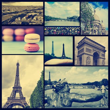 collage of different landmarks in Paris, France, cross processed clipart