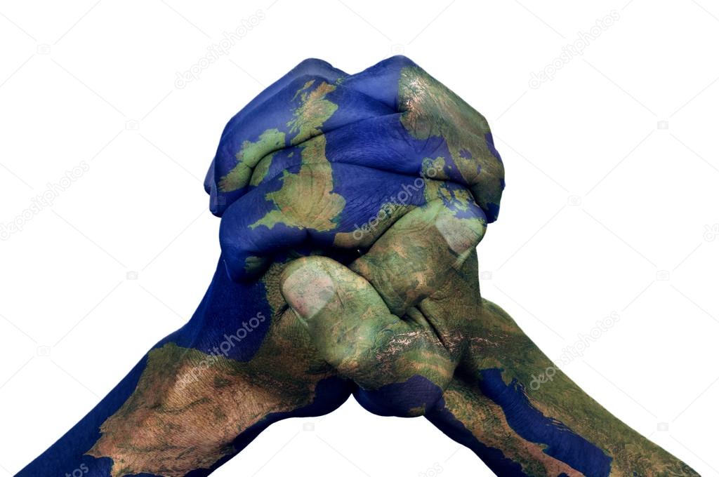 clasped hands patterned with a Europe map (furnished by NASA) 