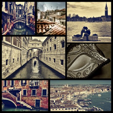 collage of different locations in Venice, Italy, cross processed