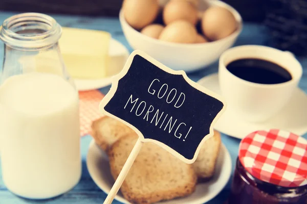 Mjölk, kaffe och skålar och texten god morgon — Stockfoto